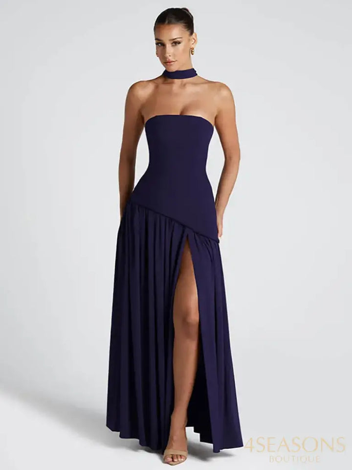 Mozision Elegant Off-shoulder Sexy Maxi Dress Women Gown Scarf Collar Strapless Sleeveless Backless High Split Long