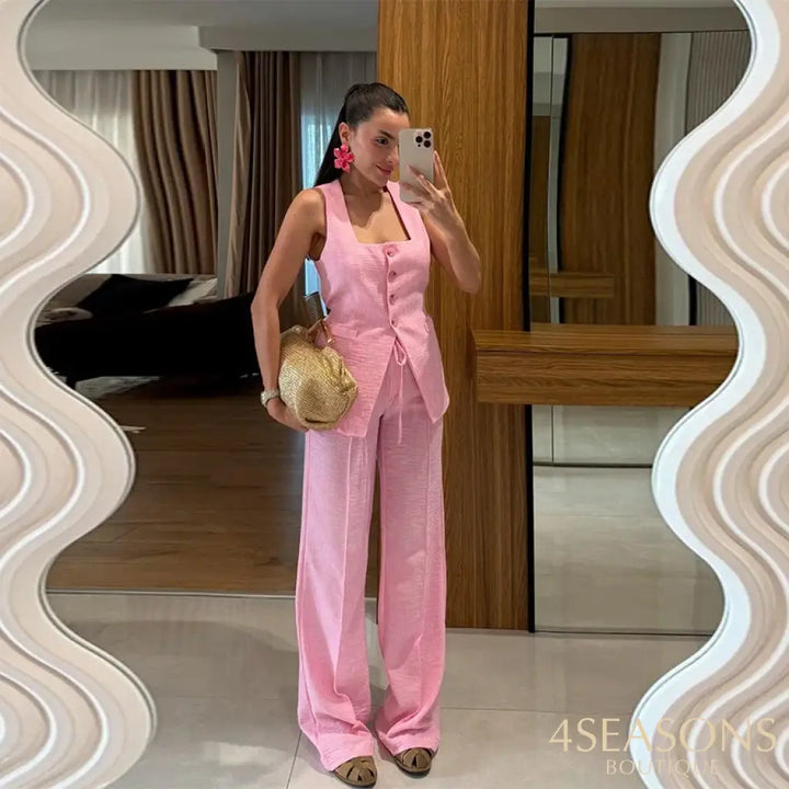 Elegant Square Neck Vest Pants Set Women Sleeveless Button Strap Top Drawstring Loose Trousers 2025 Summer Fashion