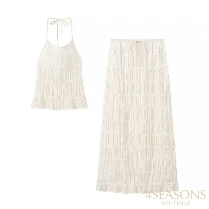 Halter Neck Long Skirt Women Sling Top Elegant Lace Up Fold Maxi Skirts Summer Pleated Sleeveless Backless Tops 2pcs